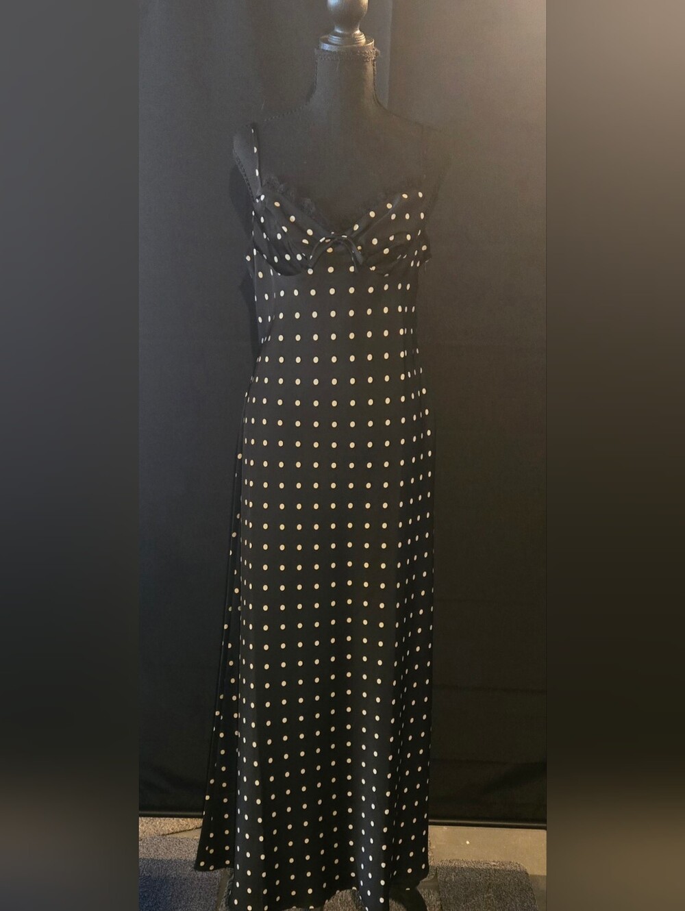 Versona Black Maxi Slip Dress with Ivory Polka Dots and Bow Detail